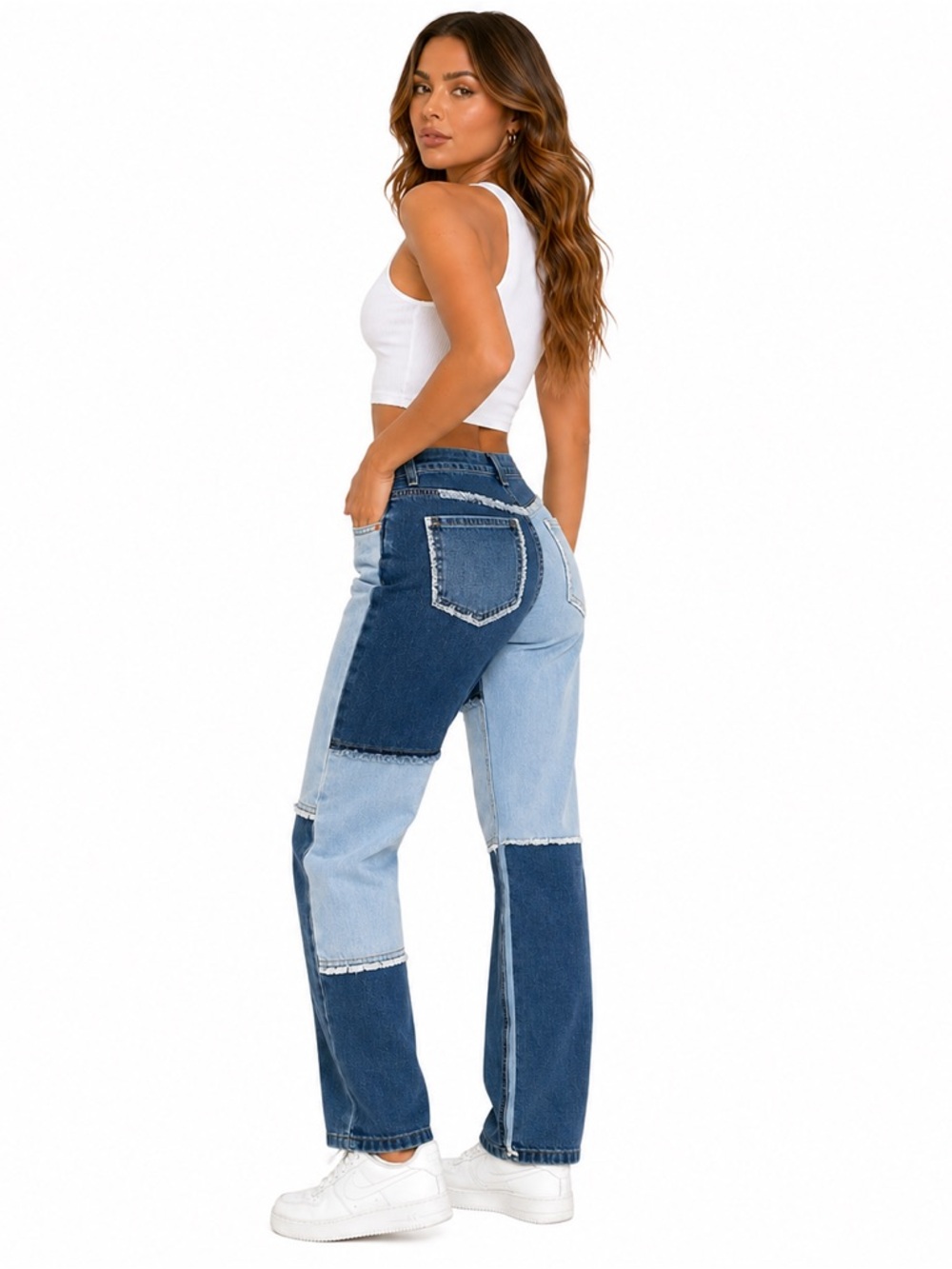 Vintage-Inspired Patchwork Denim Jeans High Rise Straight Leg Colorblock Trend - Picture 6 of 7